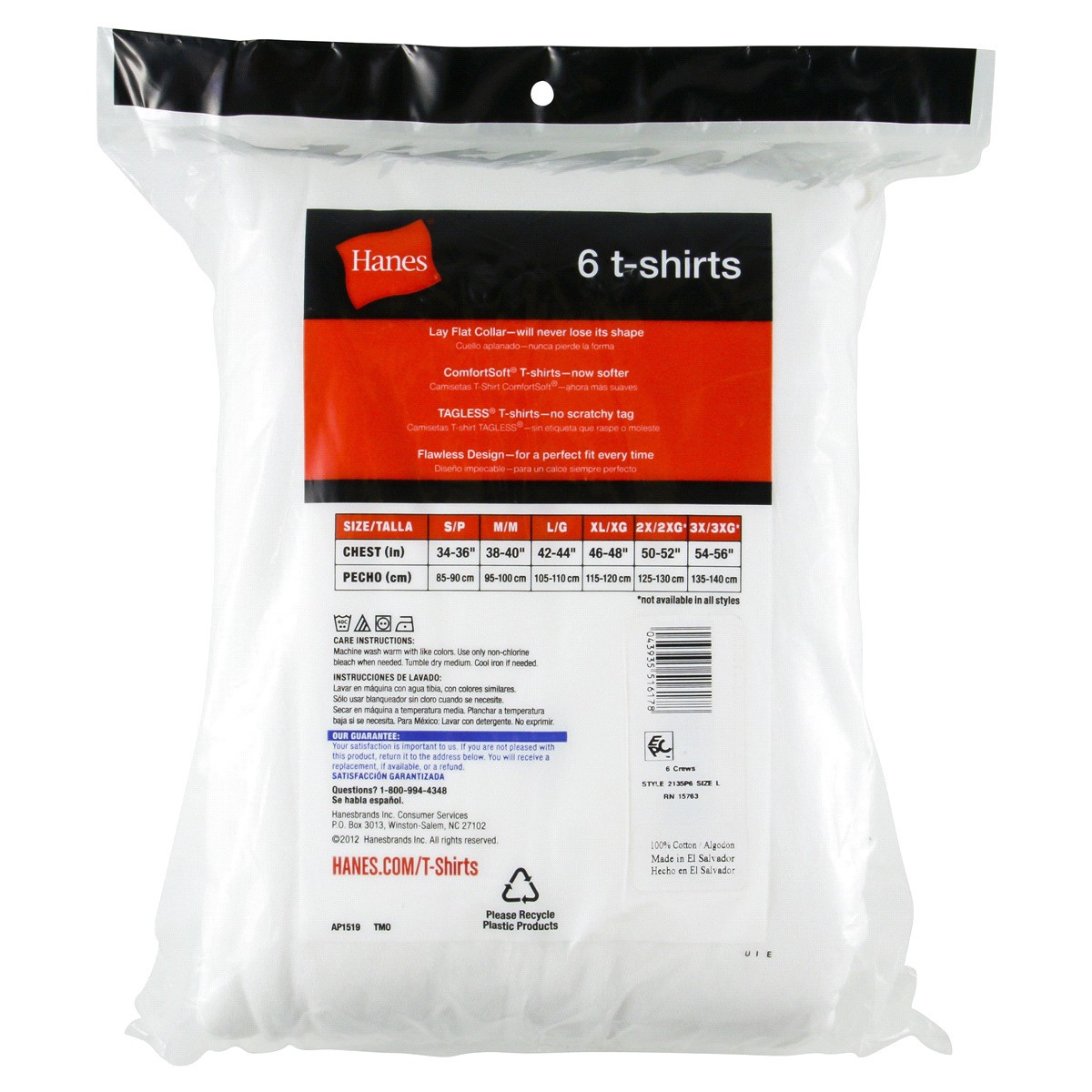 slide 2 of 2, Hanes Men's White TAGLESS Crewneck Undershirt White, Large, 6 ct