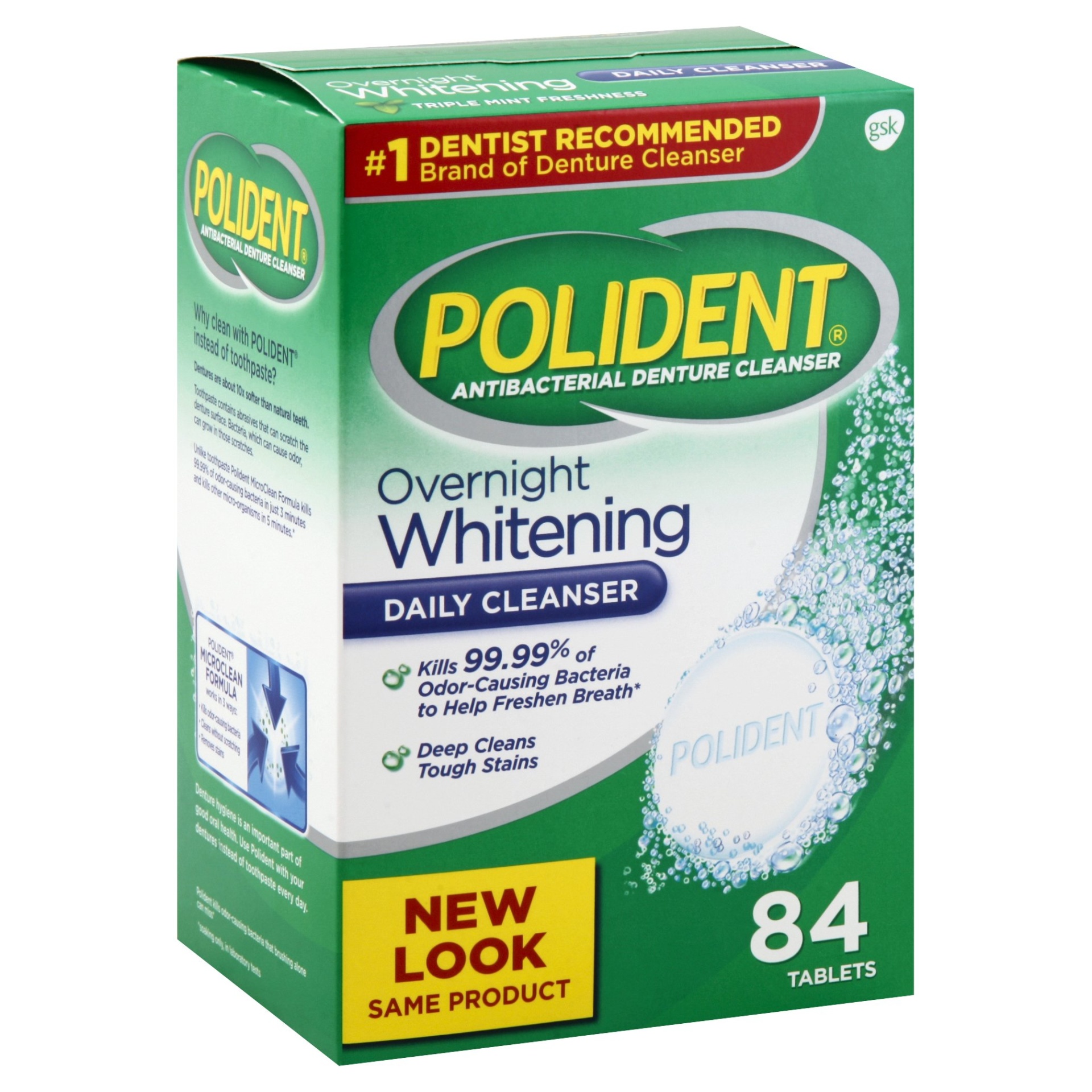 slide 1 of 1, Polident Overnight Triple Mint Whitening Denture Cleanser Tablets, 84 ct