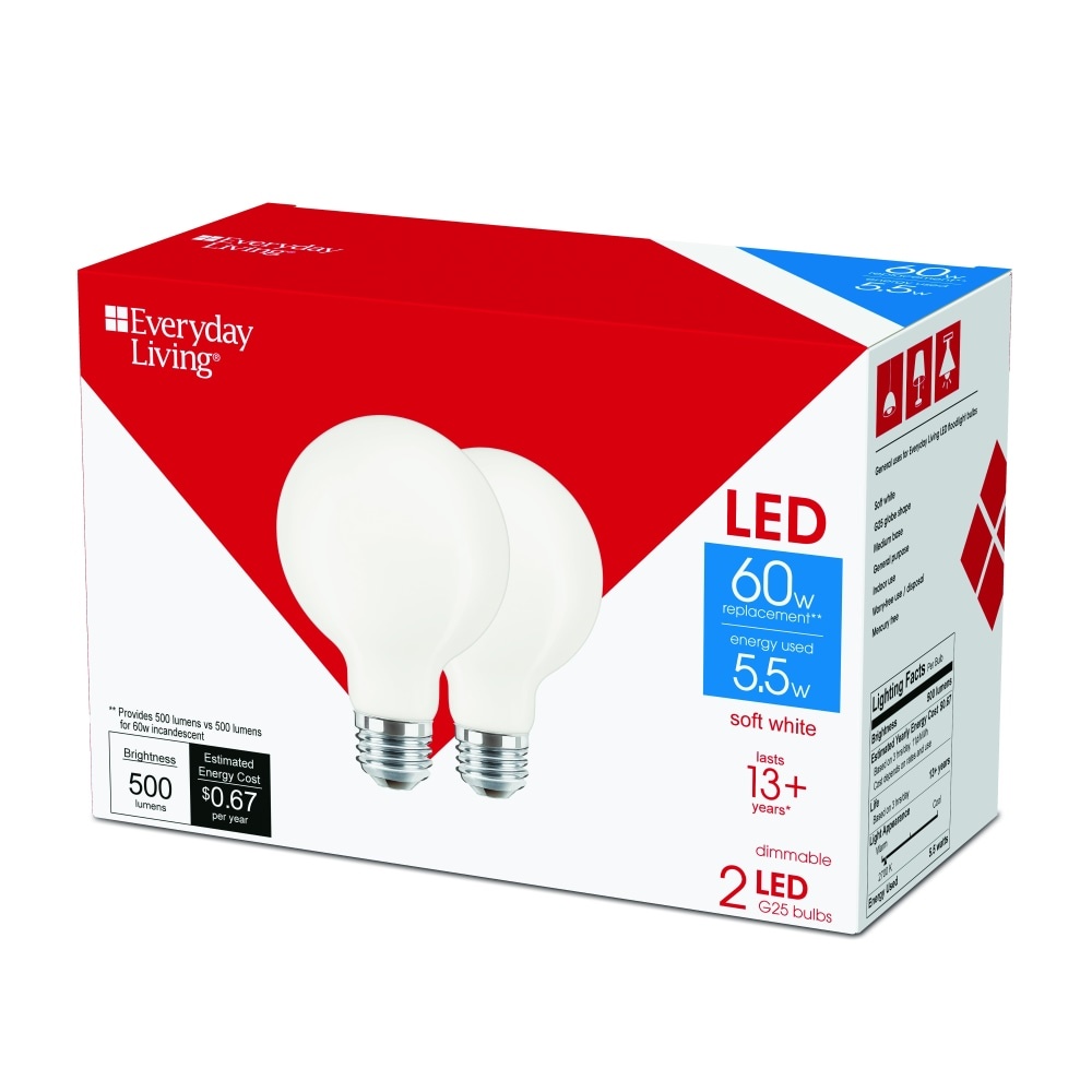 slide 1 of 1, Everyday Living 5.5 Watt, 60Watt Replacement Soft White G25 Led Light Bulbs, 2 ct