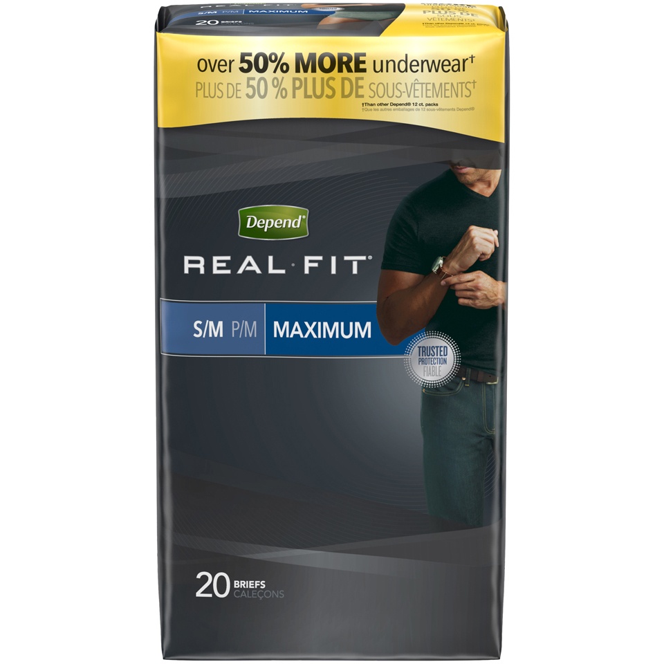 slide 1 of 3, Depend Real Fit Briefs for Men Value Pack - Small/Medium, 20 ct