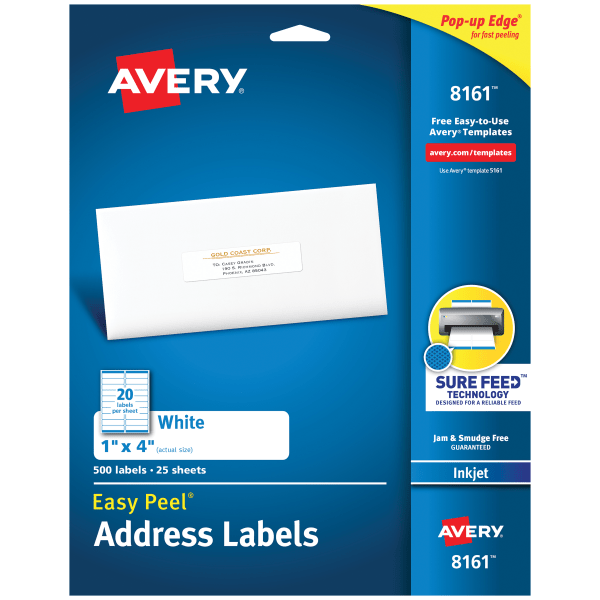 slide 1 of 10, Avery Easy Peel White Inkjet Address Labels, 8161, 500 ct; 1 in x 4 in