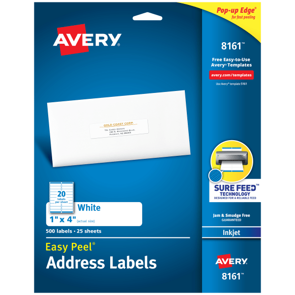 slide 1 of 9, Avery Easy Peel White Inkjet Address Labels, 8161, 500 ct; 1 in x 4 in