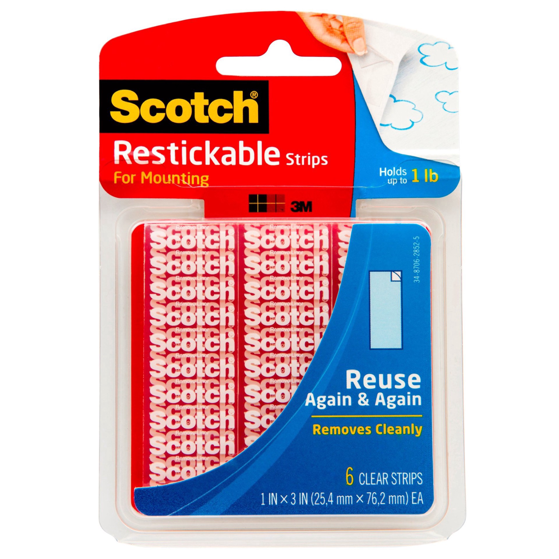 slide 1 of 4, Scotch Restickable Mounting Strips, 6 ct; 1 in x 3 in
