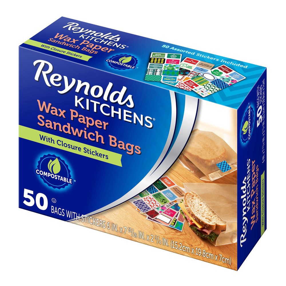 slide 3 of 9, Reynolds Kitchens Wax Paper Sandwich Bags with Stickers - 50ct, 50 ct