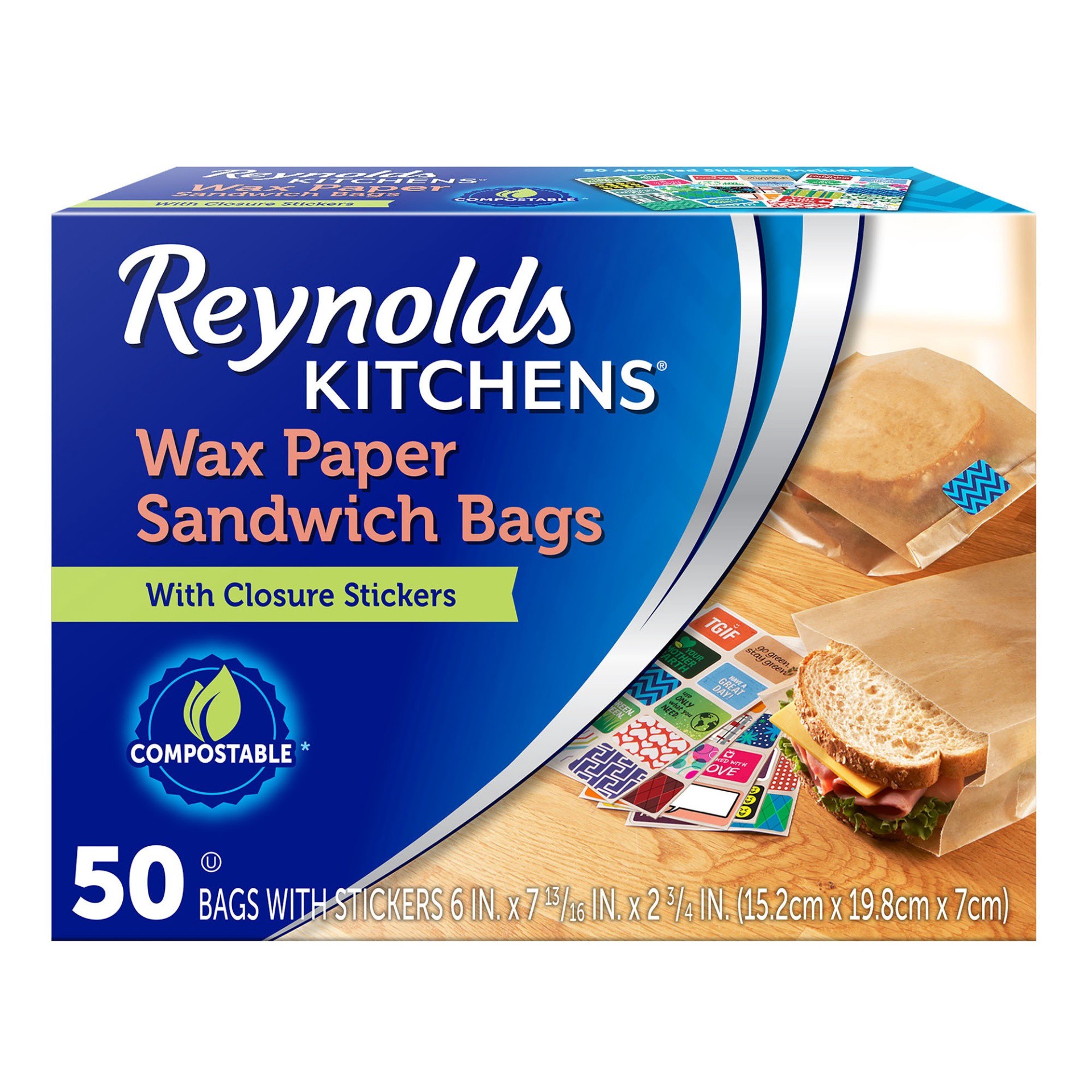 slide 1 of 9, Reynolds Kitchens Wax Paper Sandwich Bags with Stickers - 50ct, 50 ct