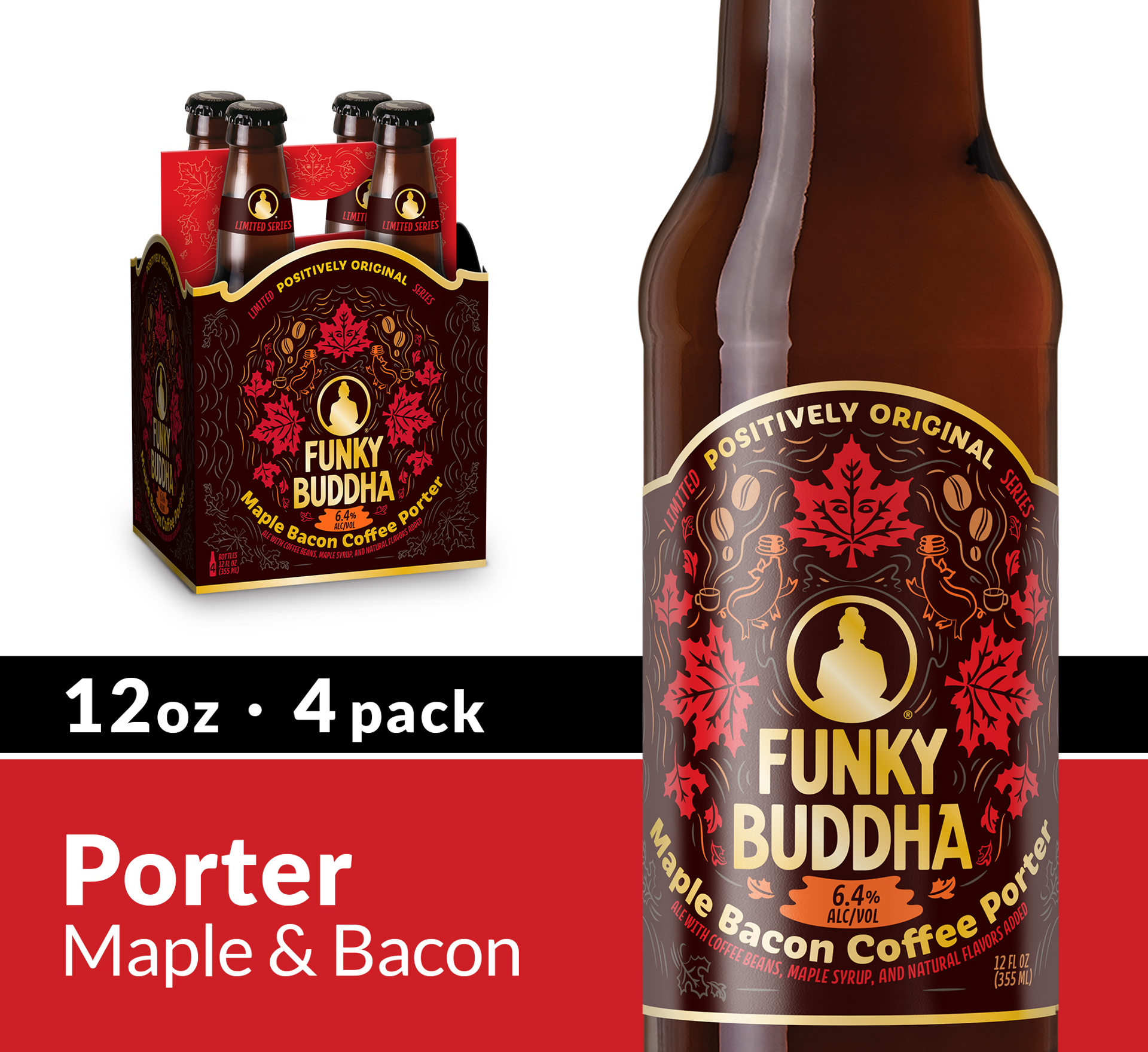 slide 2 of 3, Funky Buddha Maple Bacon Coffee Porter Craft Beer, 4 pk 12 fl oz Bottles, 6.4% ABV, 48 fl oz