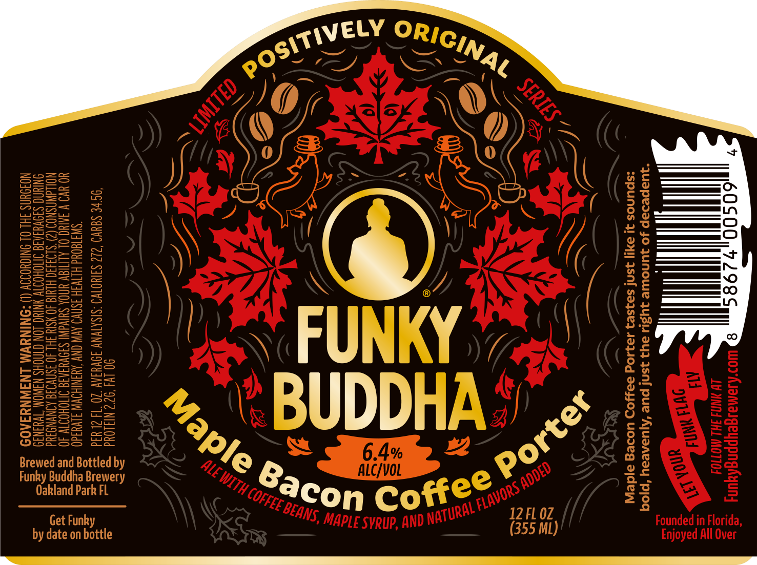 slide 3 of 3, Funky Buddha Maple Bacon Coffee Porter Craft Beer, 4 pk 12 fl oz Bottles, 6.4% ABV, 48 fl oz