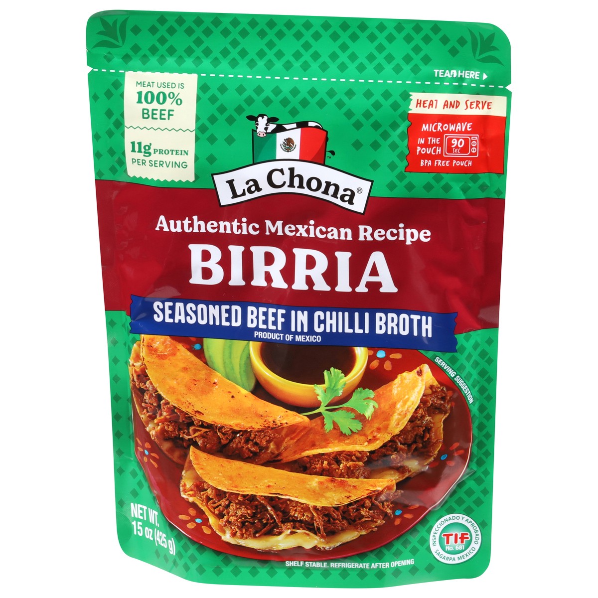 slide 11 of 15, La Chona Birria 15 oz, 15 oz