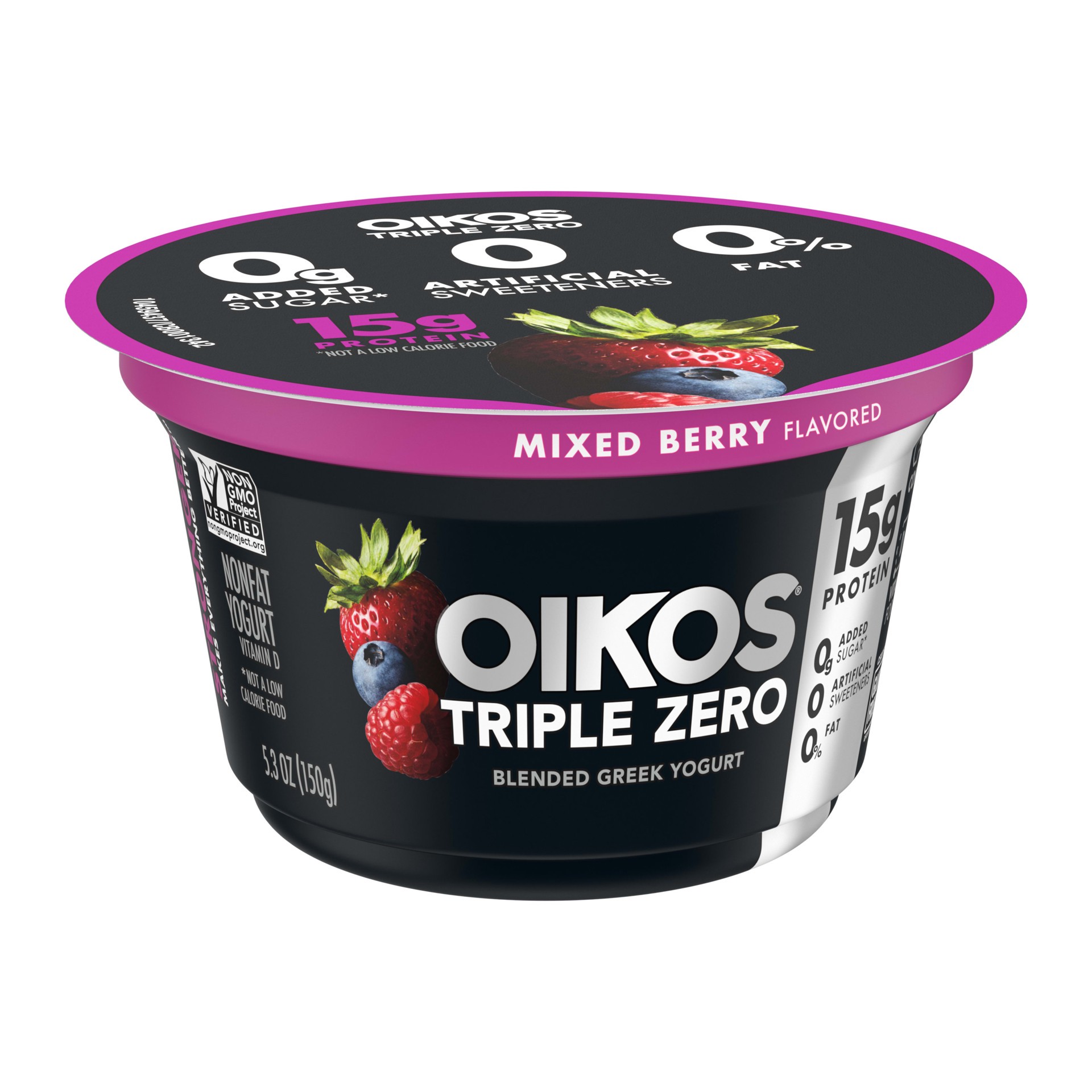 slide 5 of 5, Oikos Triple Zero Mixed Berry Nonfat Greek Yogurt, 0% Fat, 0g Added Sugar and 0 Artificial Sweeteners, Just Delicious High Protein Yogurt, 5.3 OZ Cup, 5.3 oz