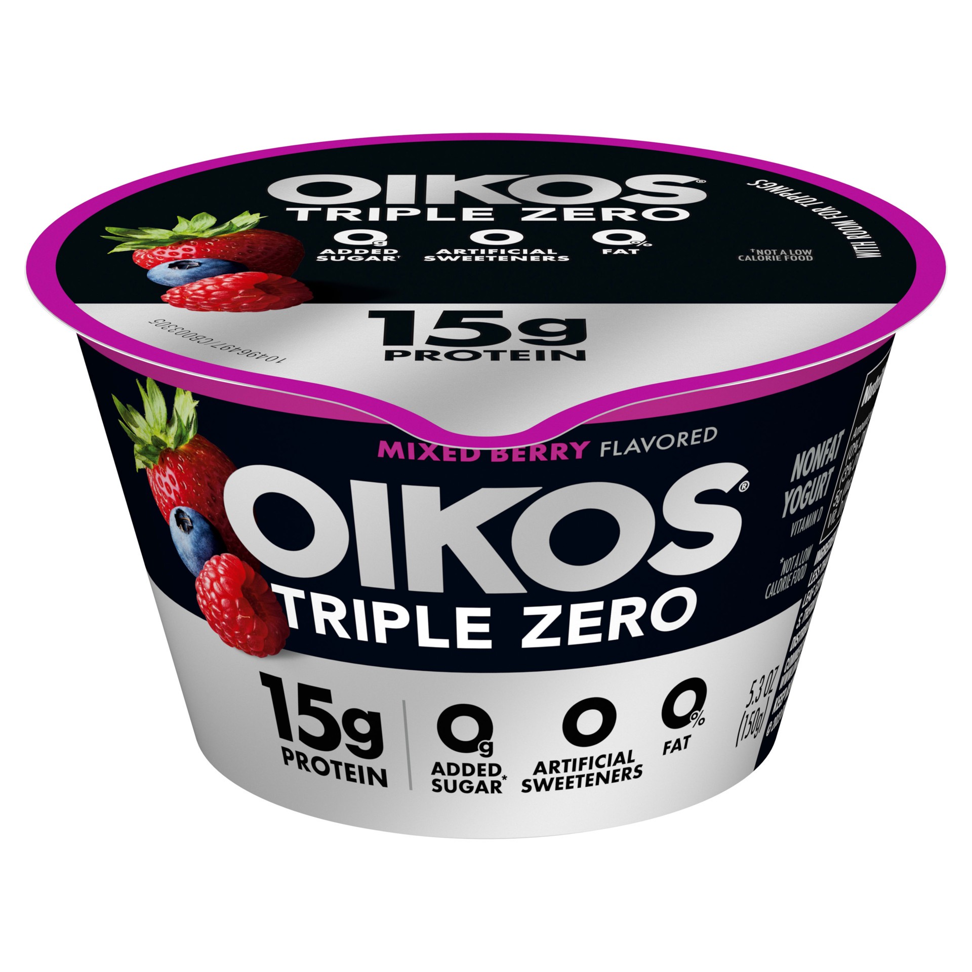 slide 1 of 5, Oikos Triple Zero Mixed Berry Nonfat Greek Yogurt, 0% Fat, 0g Added Sugar and 0 Artificial Sweeteners, Just Delicious High Protein Yogurt, 5.3 OZ Cup, 5.3 oz