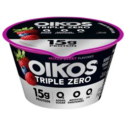 Oikos Triple Zero Mixed Berry 15g Protein, 0g Added Sugar, Nonfat Greek Yogurt, 5.3 OZ Cup