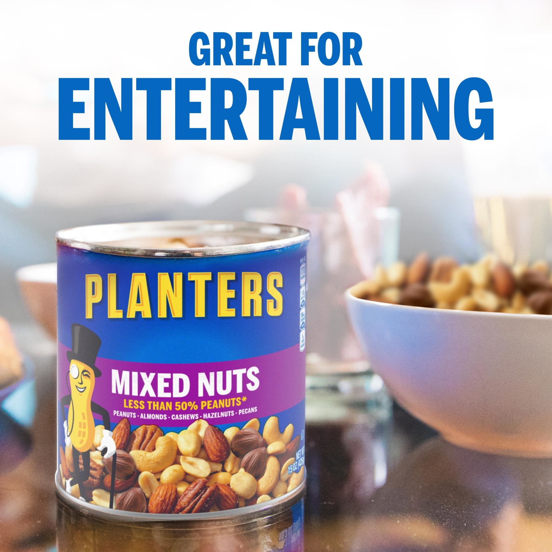 slide 5 of 14, Planters Mixed Nuts Less Than 50% Peanuts with Peanuts, Almonds, Cashews, Hazelnuts & Pecans, 15 oz
