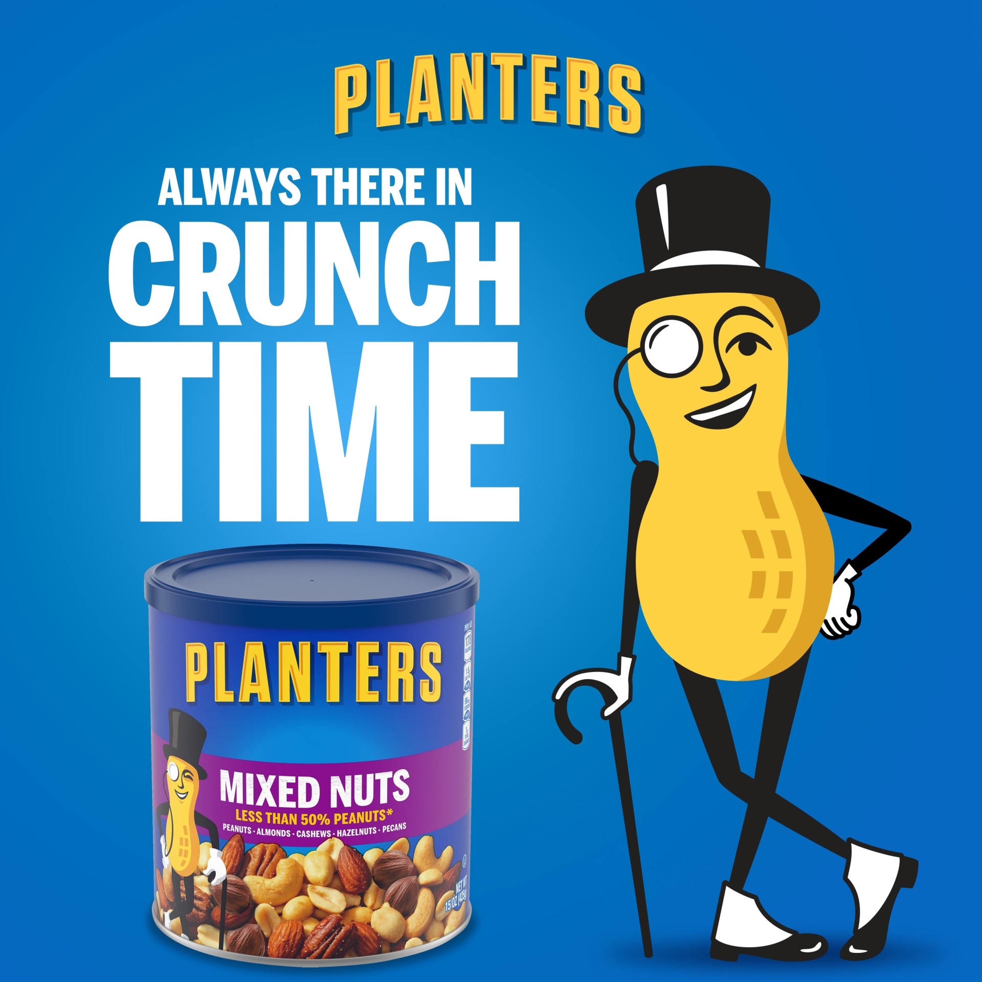 slide 6 of 14, Planters Mixed Nuts Less Than 50% Peanuts with Peanuts, Almonds, Cashews, Hazelnuts & Pecans, 15 oz