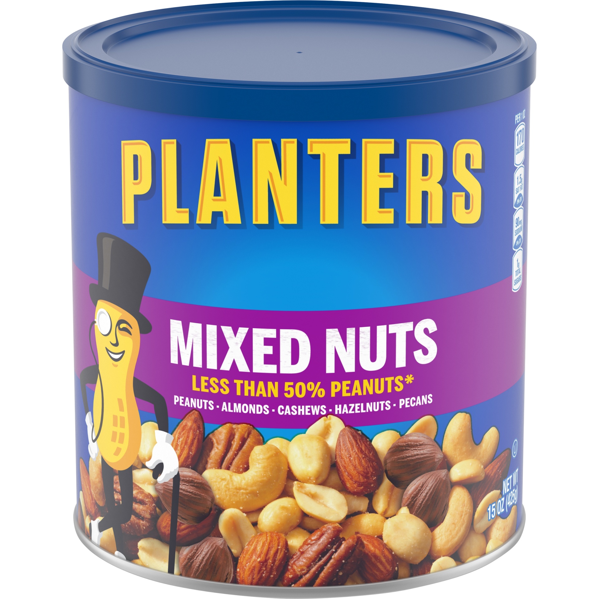 slide 1 of 14, Planters Mixed Nuts Less Than 50% Peanuts with Peanuts, Almonds, Cashews, Hazelnuts & Pecans, 15 oz