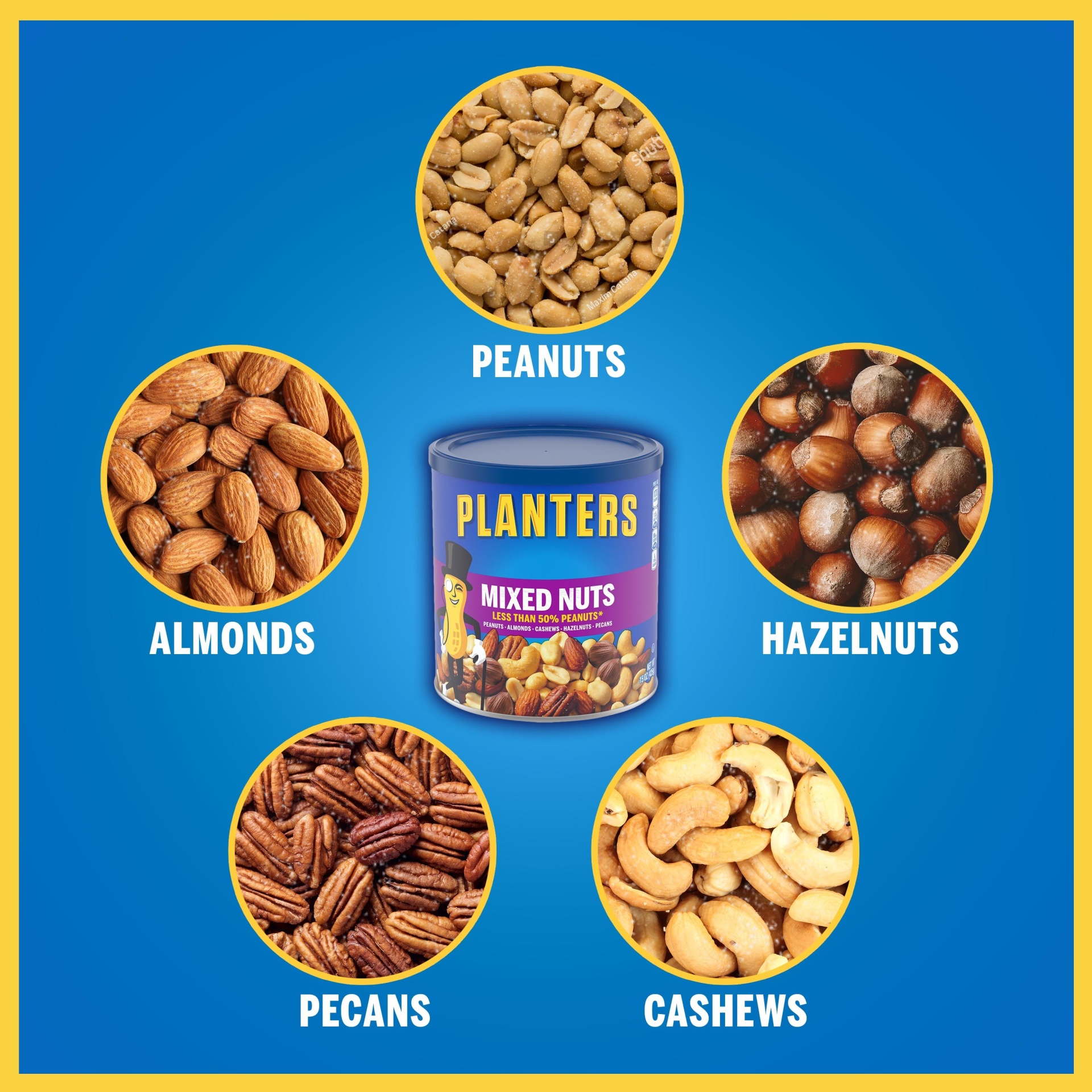 slide 8 of 14, Planters Mixed Nuts Less Than 50% Peanuts with Peanuts, Almonds, Cashews, Hazelnuts & Pecans, 15 oz