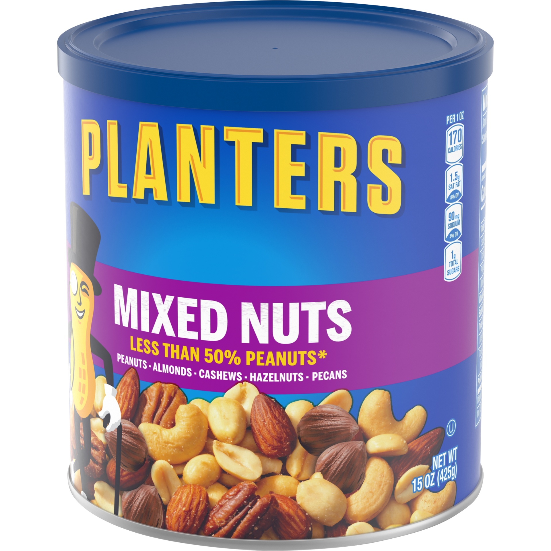 slide 11 of 14, Planters Mixed Nuts Less Than 50% Peanuts with Peanuts, Almonds, Cashews, Hazelnuts & Pecans, 15 oz