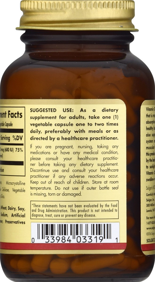 slide 4 of 9, Solgar Vegetable Capsules 15 mcg Vitamin D3 120 ea, 120 ct