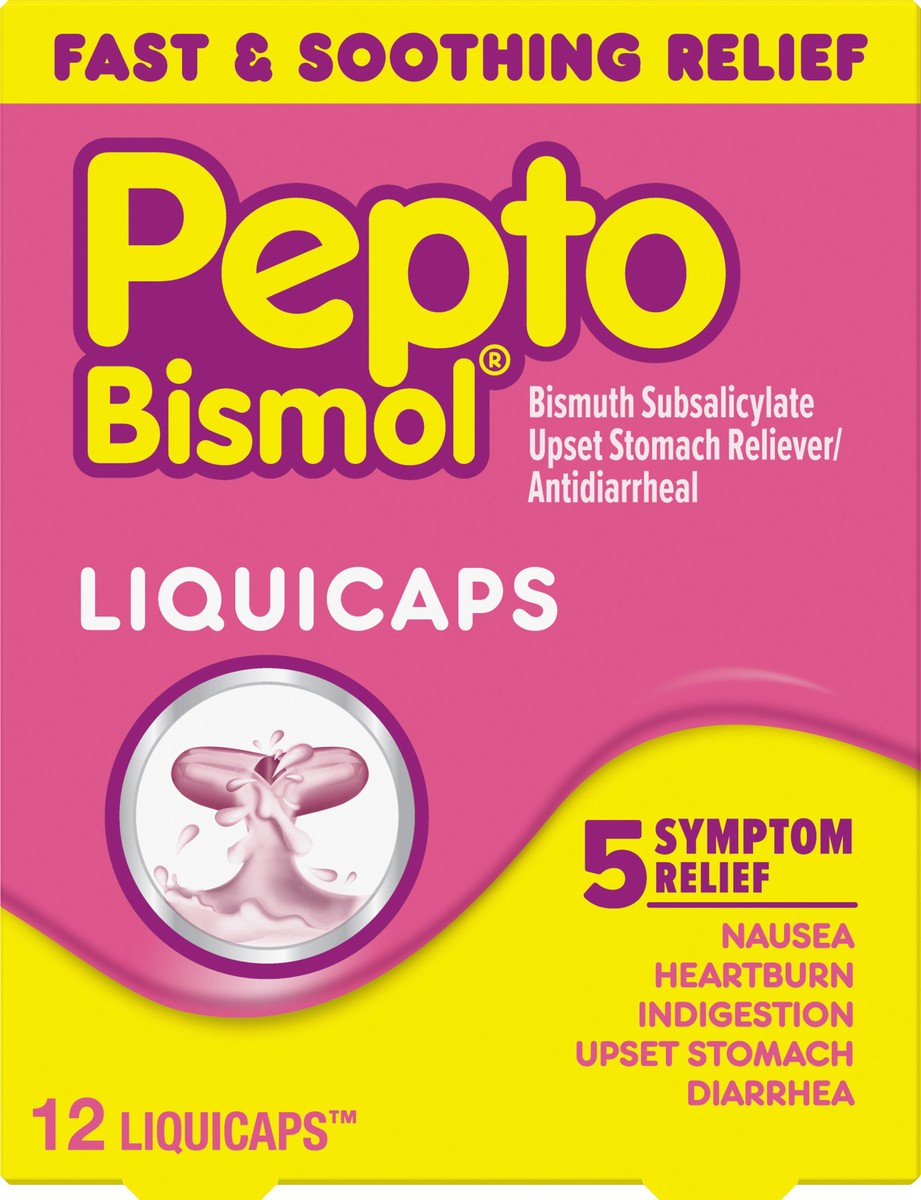 slide 3 of 3, Pepto-Bismol LiquiCaps, Fast Relief From Nausea, Heartburn, Indigestion, Upset Stomach, Diarrhea, In Convenient Liquid Caplets 12 ct, 12 ct