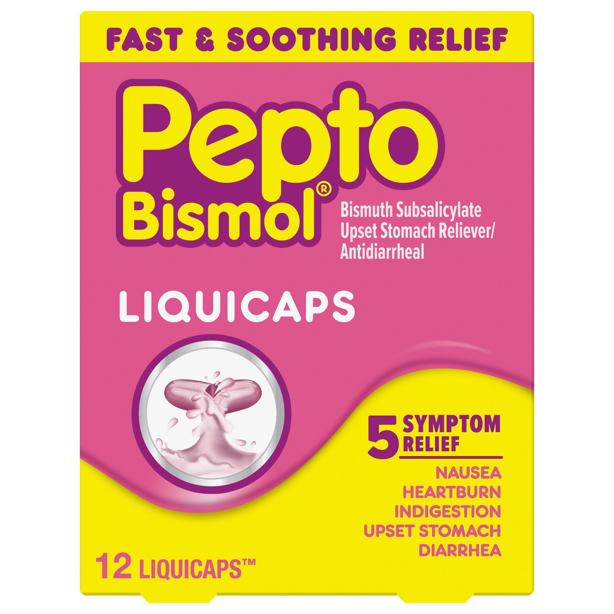 slide 1 of 3, Pepto-Bismol LiquiCaps, Fast Relief From Nausea, Heartburn, Indigestion, Upset Stomach, Diarrhea, In Convenient Liquid Caplets 12 ct, 12 ct