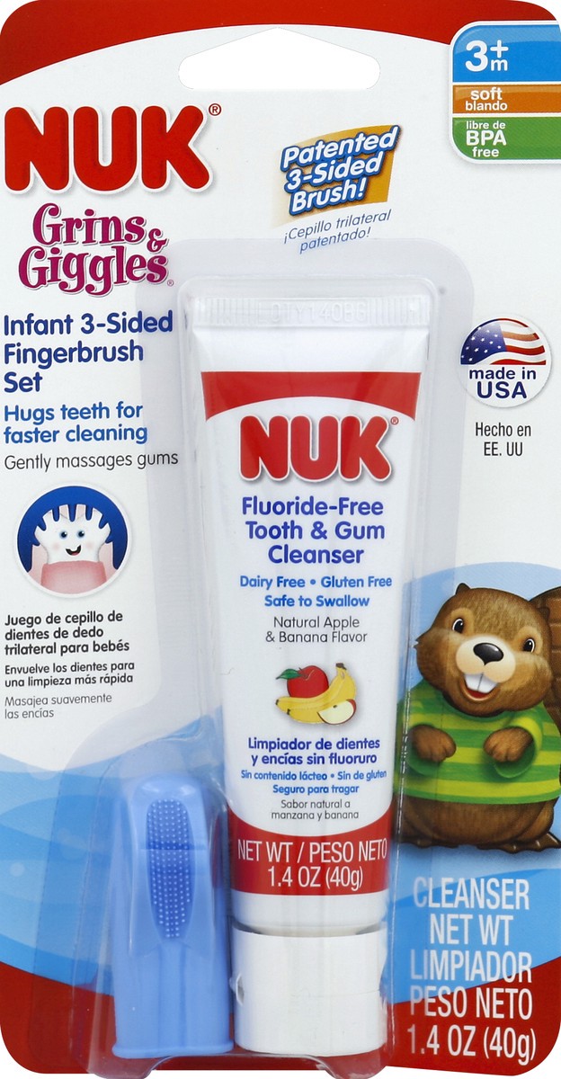 slide 1 of 8, NUK 3-Sided Fingerbrush & Oral Cleanser Set, 1 ct