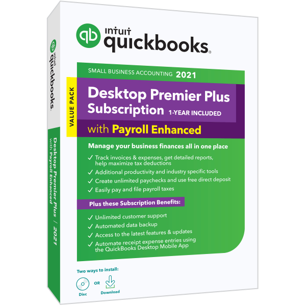 slide 1 of 1, Intuit Quickbooks Desktop Premier Plus With Enhanced Payroll 2021, 1-Year Subscription, For Windows, Disc/Download, 1 ct