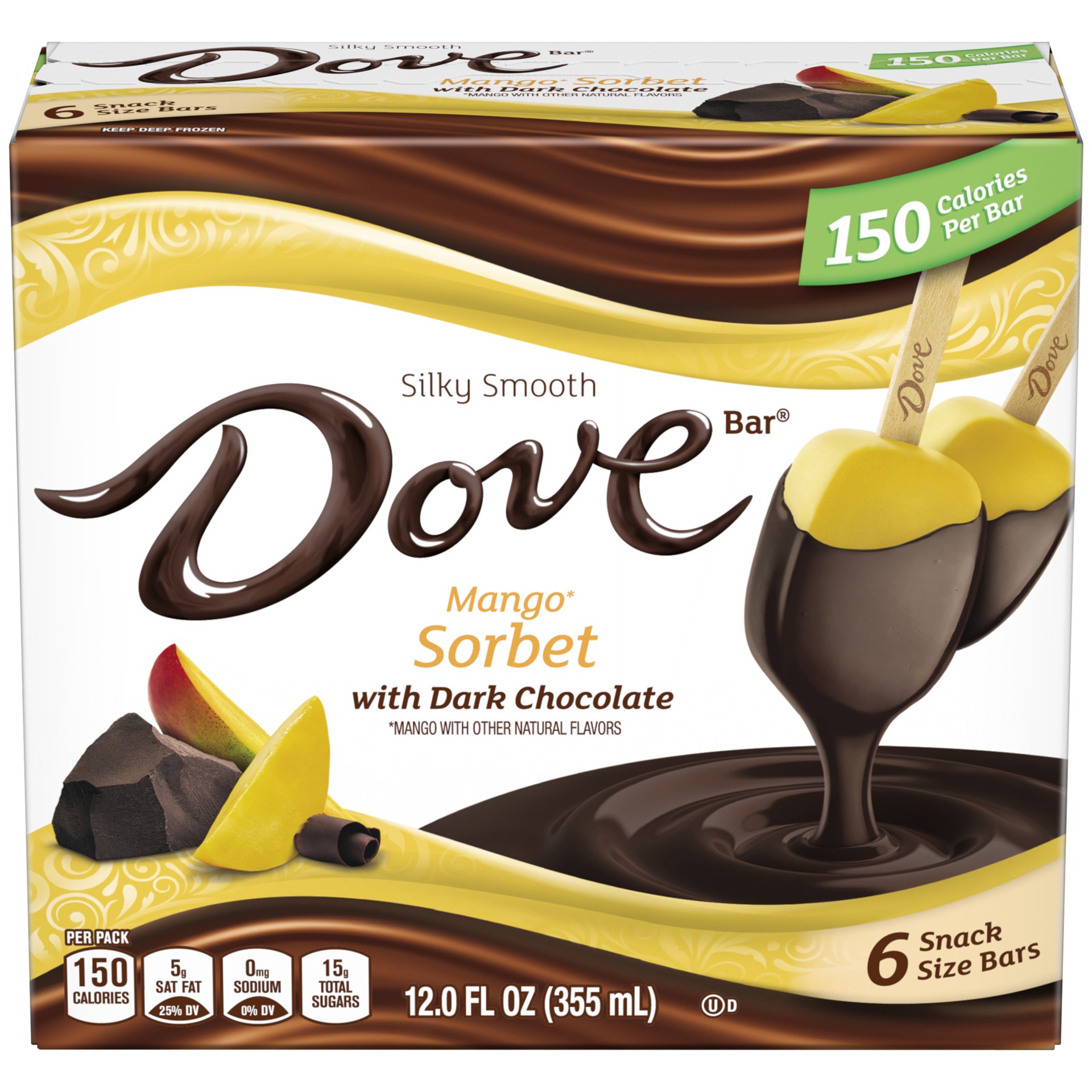 slide 1 of 3, DoveBAR Mango Sorbet With Dark Chocolate Snack Size Bars 6-Count Box, 12 fl oz