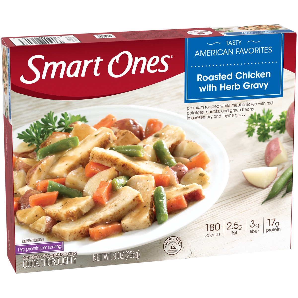 slide 10 of 14, Smart Ones Roasted Chicken with Herb Gravy, Red Potatoes, Carrots, Green Beans, & Rosemary & Thyme Gravy Frozen Meal, 9 oz Box, 9 oz