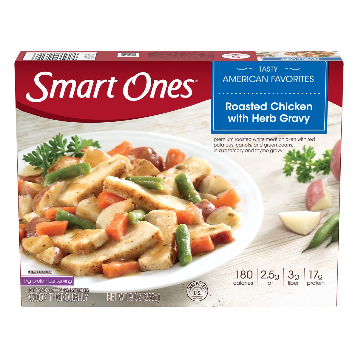 slide 11 of 14, Smart Ones Roasted Chicken with Herb Gravy, Red Potatoes, Carrots, Green Beans, & Rosemary & Thyme Gravy Frozen Meal, 9 oz Box, 9 oz