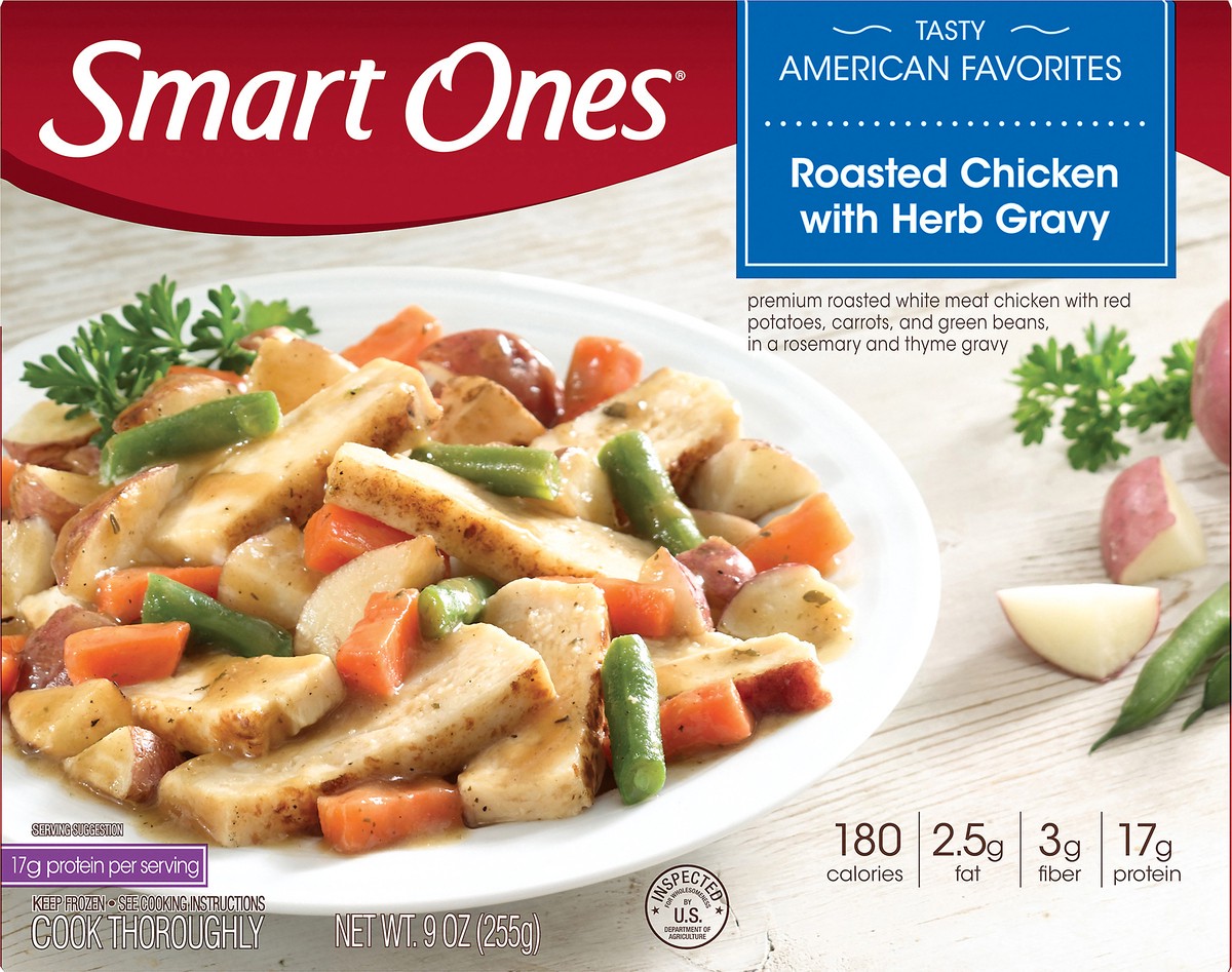 slide 14 of 14, Smart Ones Roasted Chicken with Herb Gravy, Red Potatoes, Carrots, Green Beans, & Rosemary & Thyme Gravy Frozen Meal, 9 oz Box, 9 oz