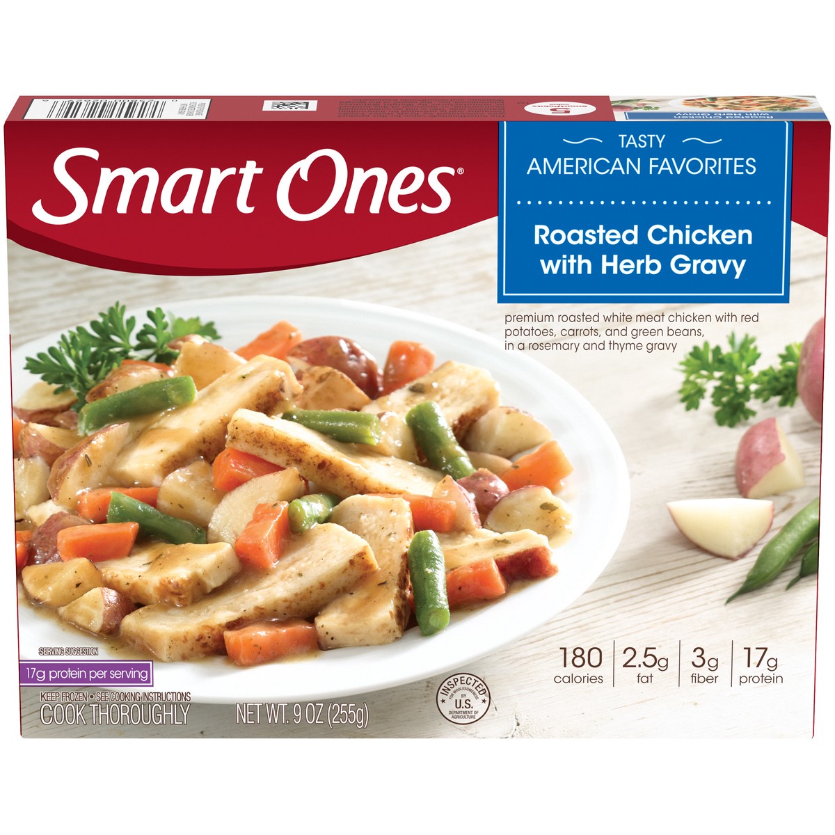 slide 1 of 14, Smart Ones Roasted Chicken with Herb Gravy, Red Potatoes, Carrots, Green Beans, & Rosemary & Thyme Gravy Frozen Meal, 9 oz Box, 9 oz