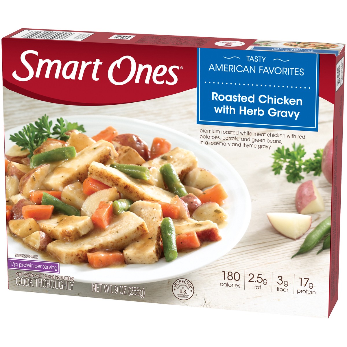 slide 13 of 14, Smart Ones Roasted Chicken with Herb Gravy, Red Potatoes, Carrots, Green Beans, & Rosemary & Thyme Gravy Frozen Meal, 9 oz Box, 9 oz