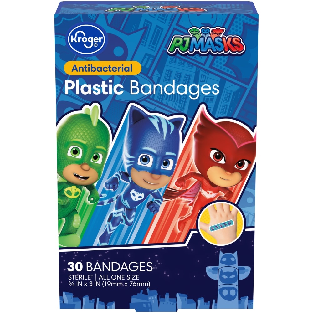 slide 1 of 1, Kroger Pj Masks Antibacterial Kids Plastic Bandages, 30 ct