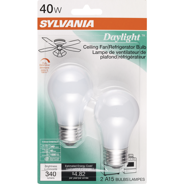 slide 1 of 1, Sylvania Daylight Enhances Color Ceiling Fan/ Refrigerator 40 Watt Indoor Light Bulbs, 2 ct