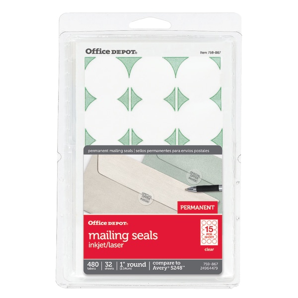 slide 1 of 2, Office Depot Brand Permanent Mailing Seals, 1'' Diameter, Clear, Pack Of 480, 480 ct