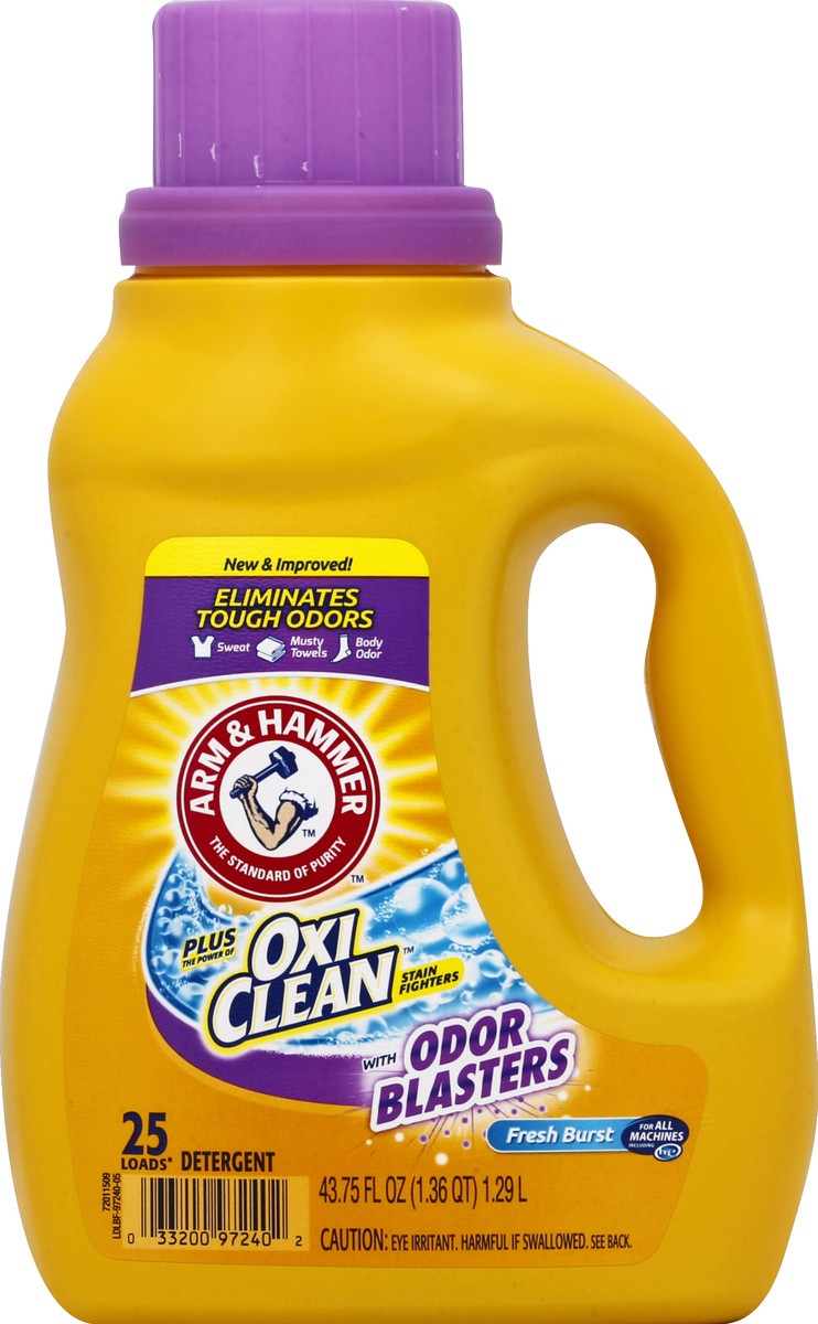 slide 2 of 2, Arm & Hammer Plus OxiClean Odor Blasters Fresh Burst, 25 Loads Liquid Laundry Detergent, 43.75 Fl oz, 43.75 fl oz