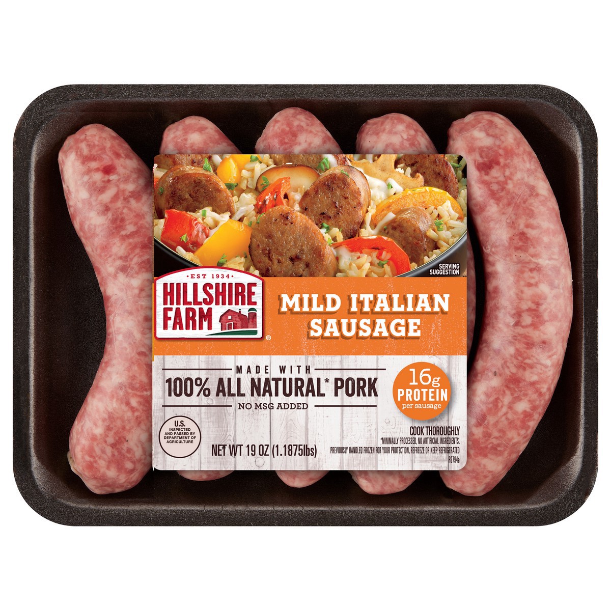 slide 7 of 8, Hillshire Farm All Natural* Mild Italian Pork Sausage, 5 Count, 19 oz. (Fresh), 53.84 g