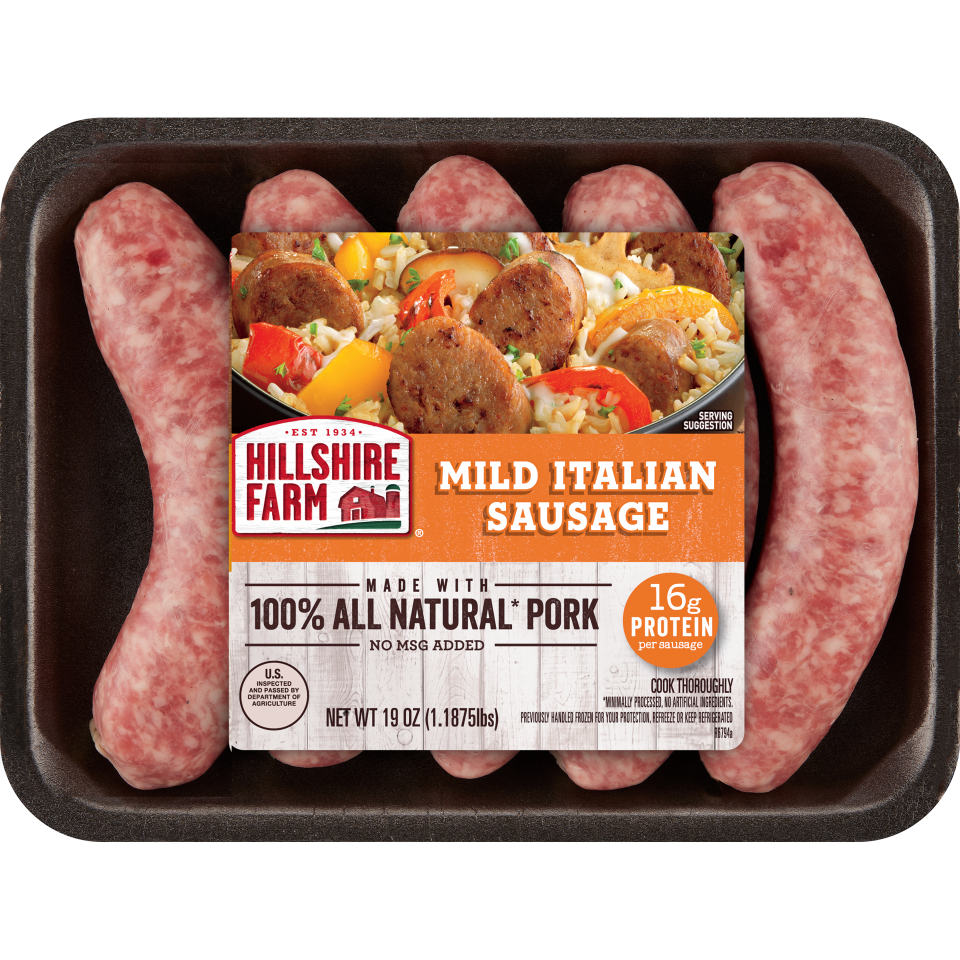 slide 1 of 8, Hillshire Farm All Natural* Mild Italian Pork Sausage, 5 Count, 19 oz. (Fresh), 53.84 g