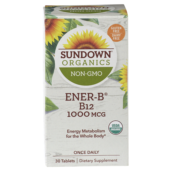 slide 1 of 1, Sundown Organics - Ener-B, B-12 1000mcg, 100% Non-GMO, 30 Tablets, 30 ct