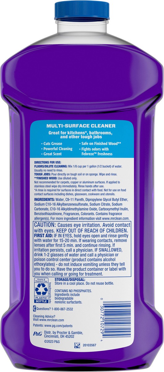 slide 3 of 6, Mr. Clean 2X Concentrated Multi Surface Cleaner with Febreze Lavender Scent, All Purpose Cleaner, 41 fl oz, 1.28 qt