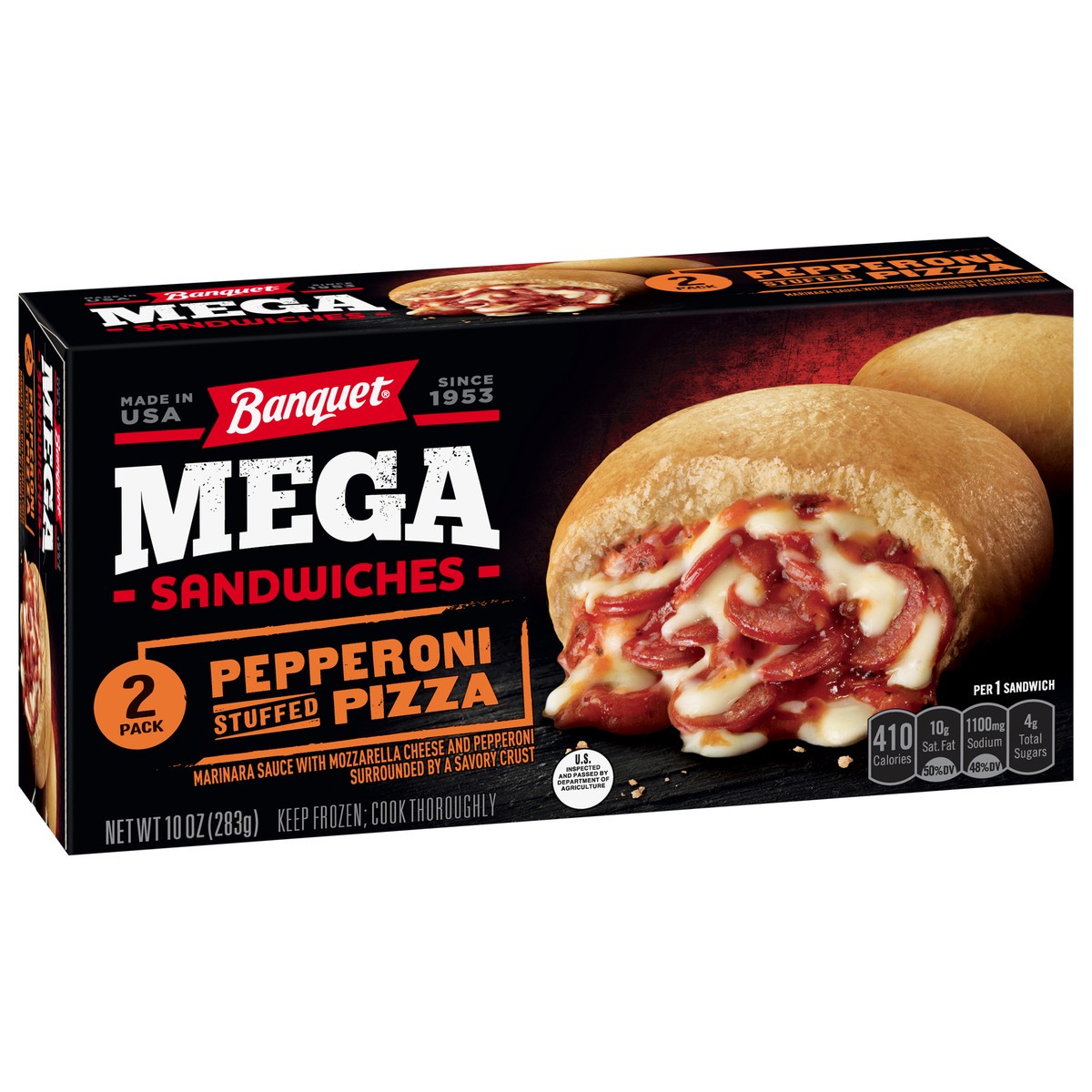 slide 5 of 11, Banquet Mega Pepperoni Stuffed Pizza Sandwiches 2 Pack 2 ea, 2 ct