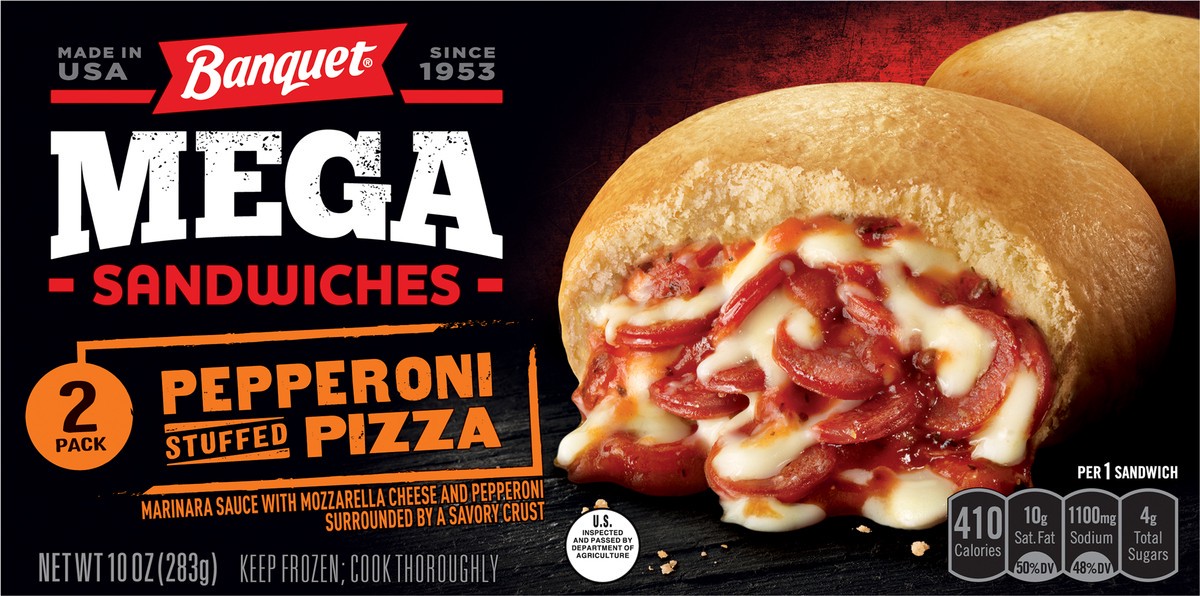 slide 4 of 11, Banquet Mega Pepperoni Stuffed Pizza Sandwiches 2 Pack 2 ea, 2 ct