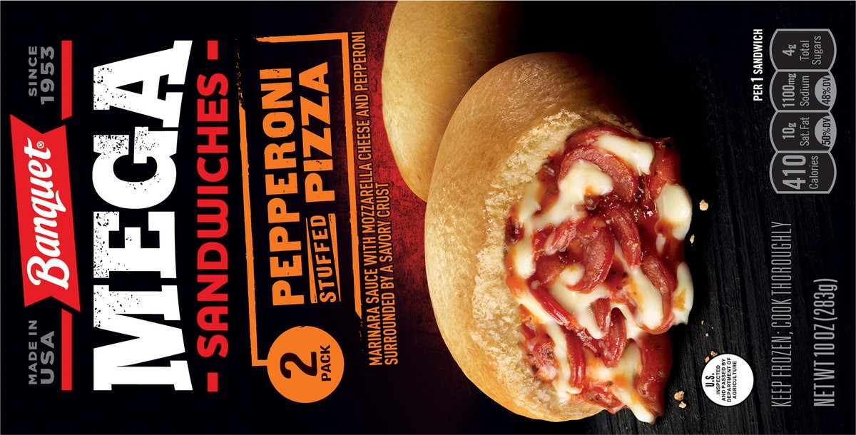 slide 9 of 11, Banquet Mega Pepperoni Stuffed Pizza Sandwiches 2 Pack 2 ea, 2 ct