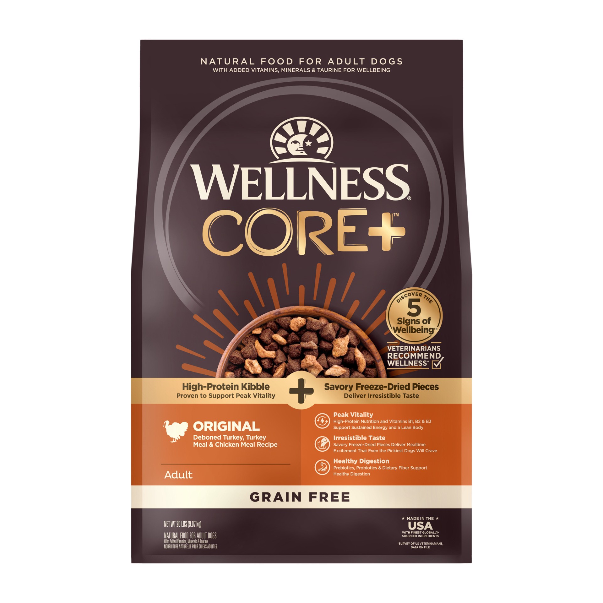 slide 1 of 5, Wellness CORE+ (Formerly RawRev) Natural Grain Free Dry Dog Food, Original Turkey & Chicken with Freeze Dried Turkey, 20-Pound Bag, 1 ct