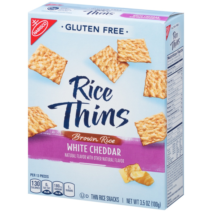 slide 3 of 8, Rice Thins Brown Rice White Cheddar Crackers, 3.5 oz
