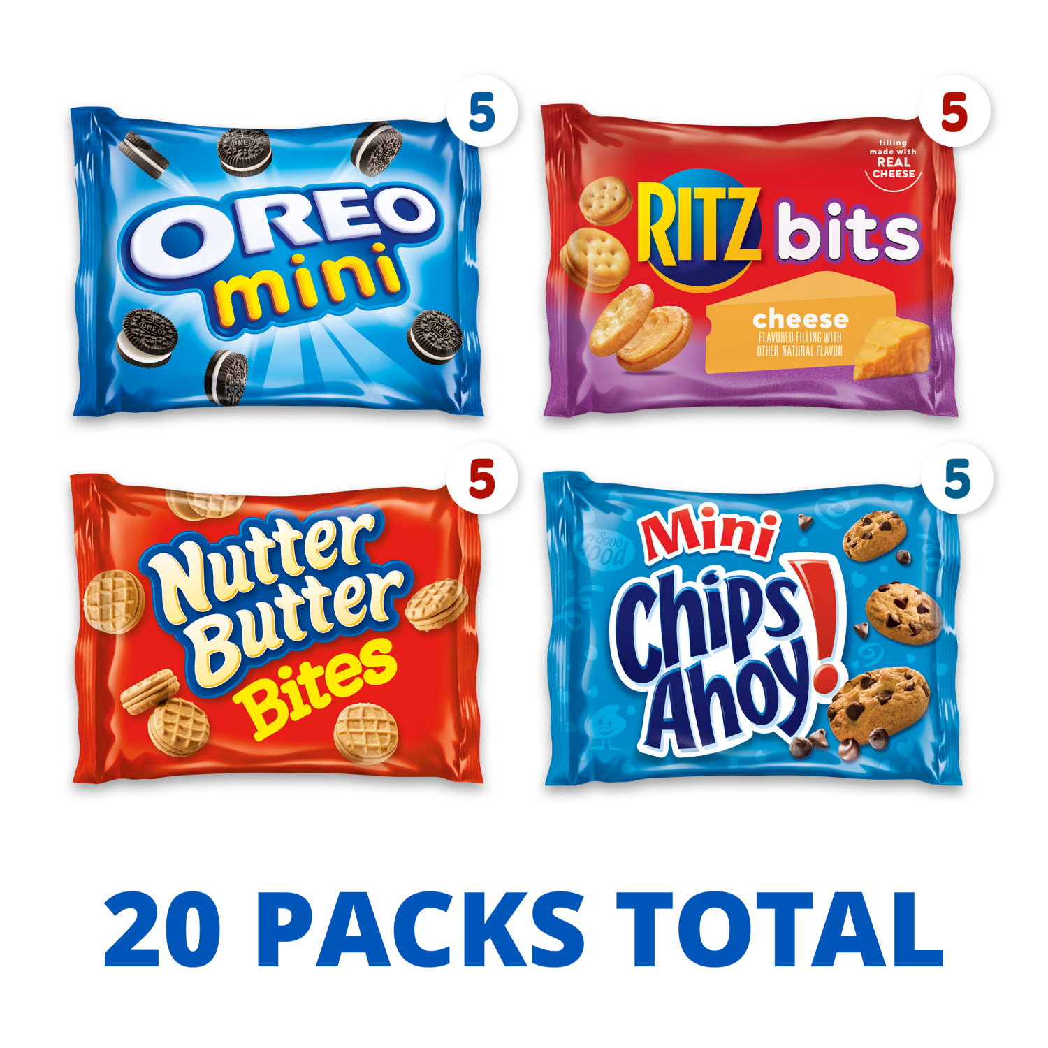 slide 2 of 5, Nabisco Classic Mix Variety Pack, OREO Mini, CHIPS AHOY! Mini, Nutter Butter Bites, RITZ Bits Cheese, 20 Snack Packs, 20 ct