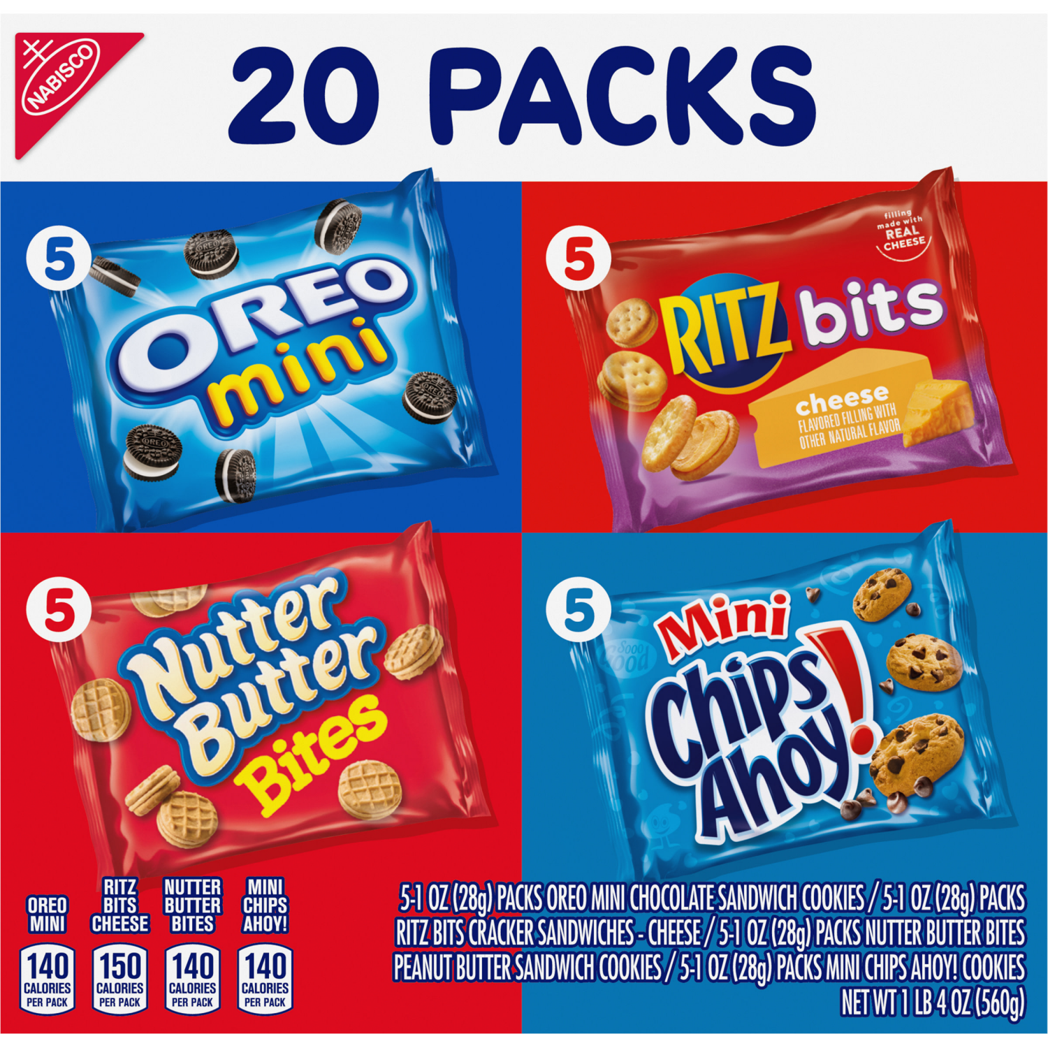 slide 5 of 5, Nabisco Classic Mix Variety Pack, OREO Mini, CHIPS AHOY! Mini, Nutter Butter Bites, RITZ Bits Cheese, 20 Snack Packs, 20 ct