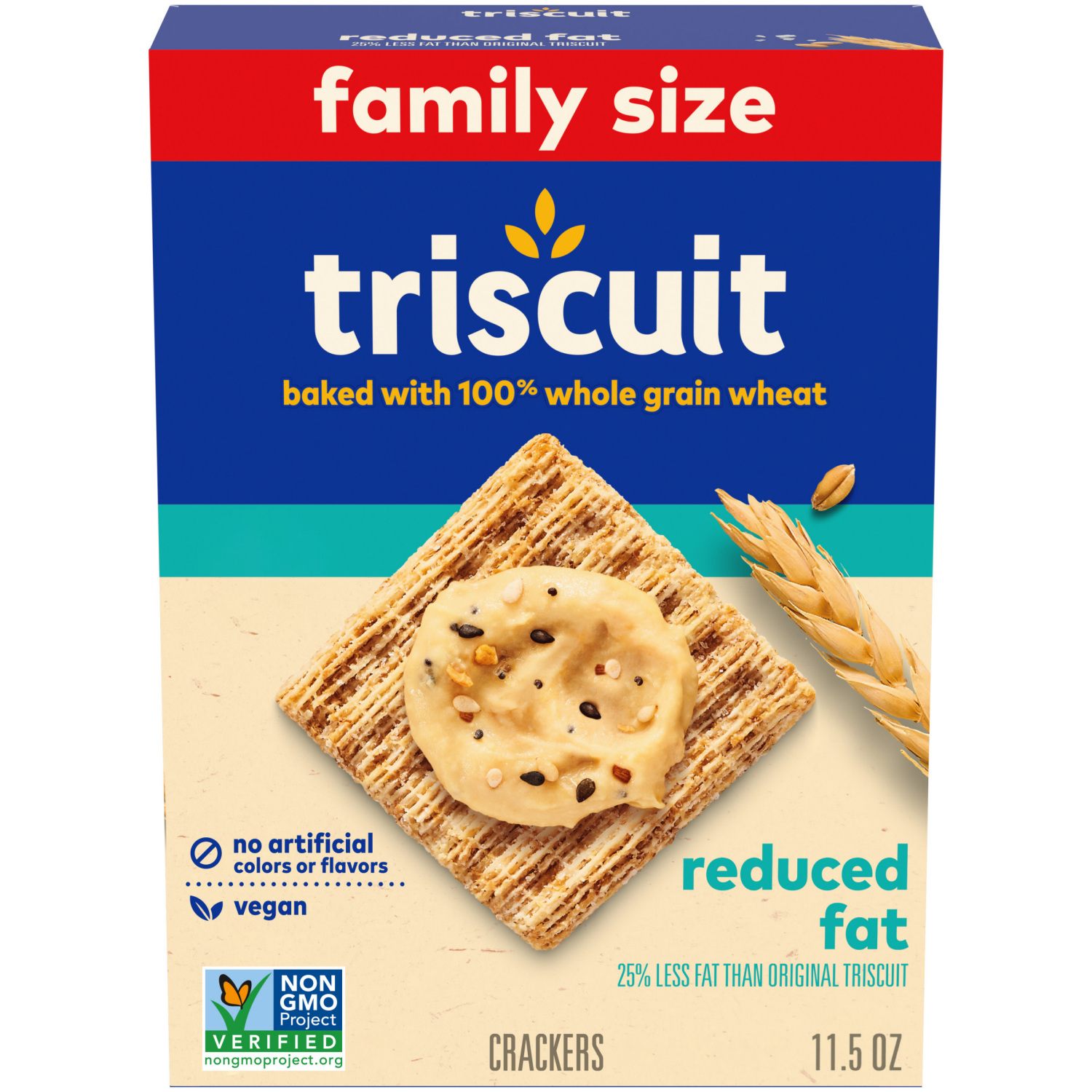 slide 1 of 5, Triscuit Reduced Fat Whole Grain Wheat Crackers, Vegan Crackers, Vegan Snacks, Lunch Snacks, Family Size, 11.5 oz, 11.5 oz
