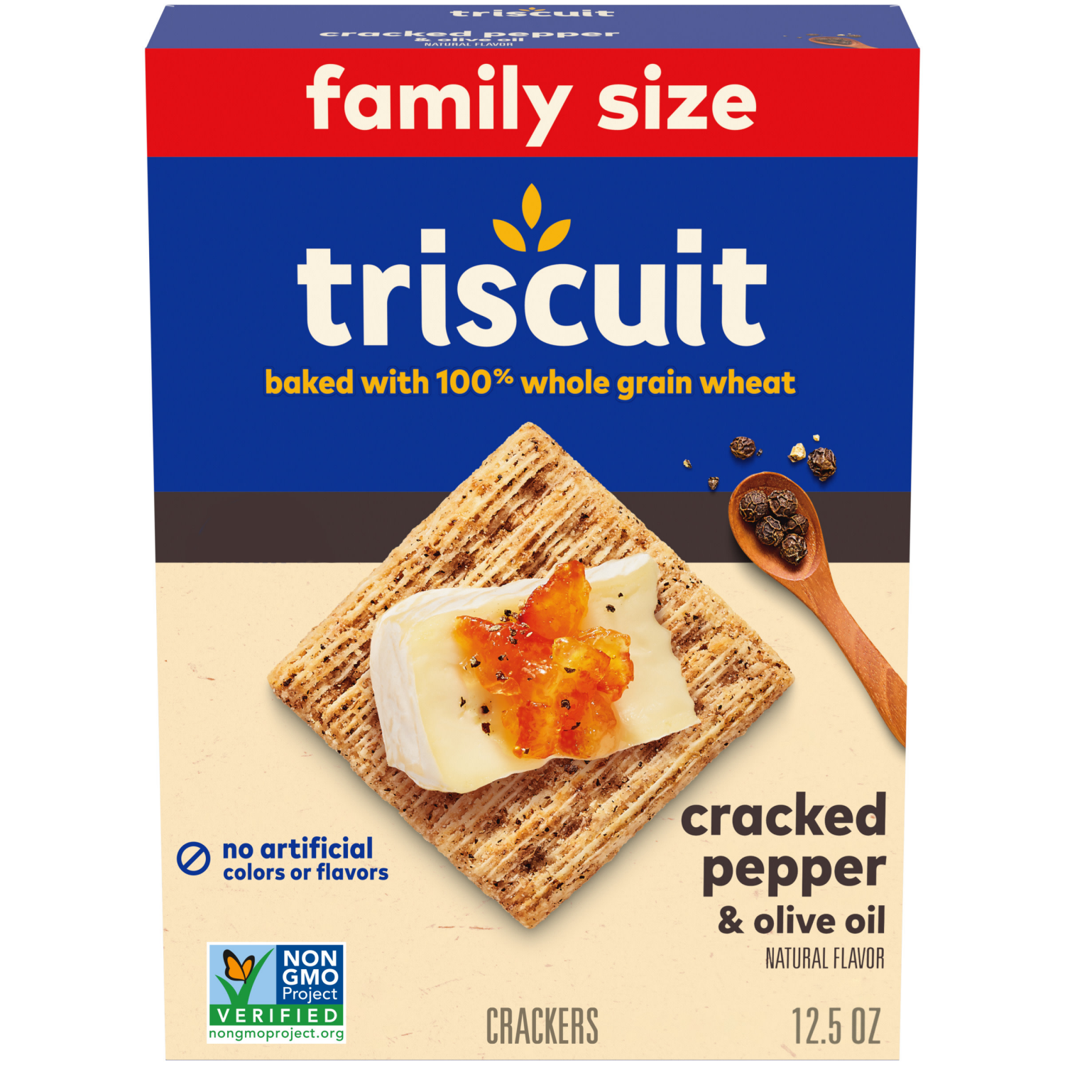 slide 1 of 5, Triscuit Cracked Pepper & Olive Oil Whole Grain Wheat Crackers, Lunch Snacks, Snack Crackers, Family Size, 12.5 oz, 12.5 oz