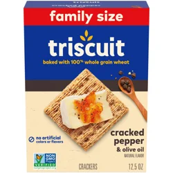 Triscuit Cracked Pepper & Olive Oil Whole Grain Wheat Crackers, Lunch Snacks, Snack Crackers, Family Size, 12.5 oz