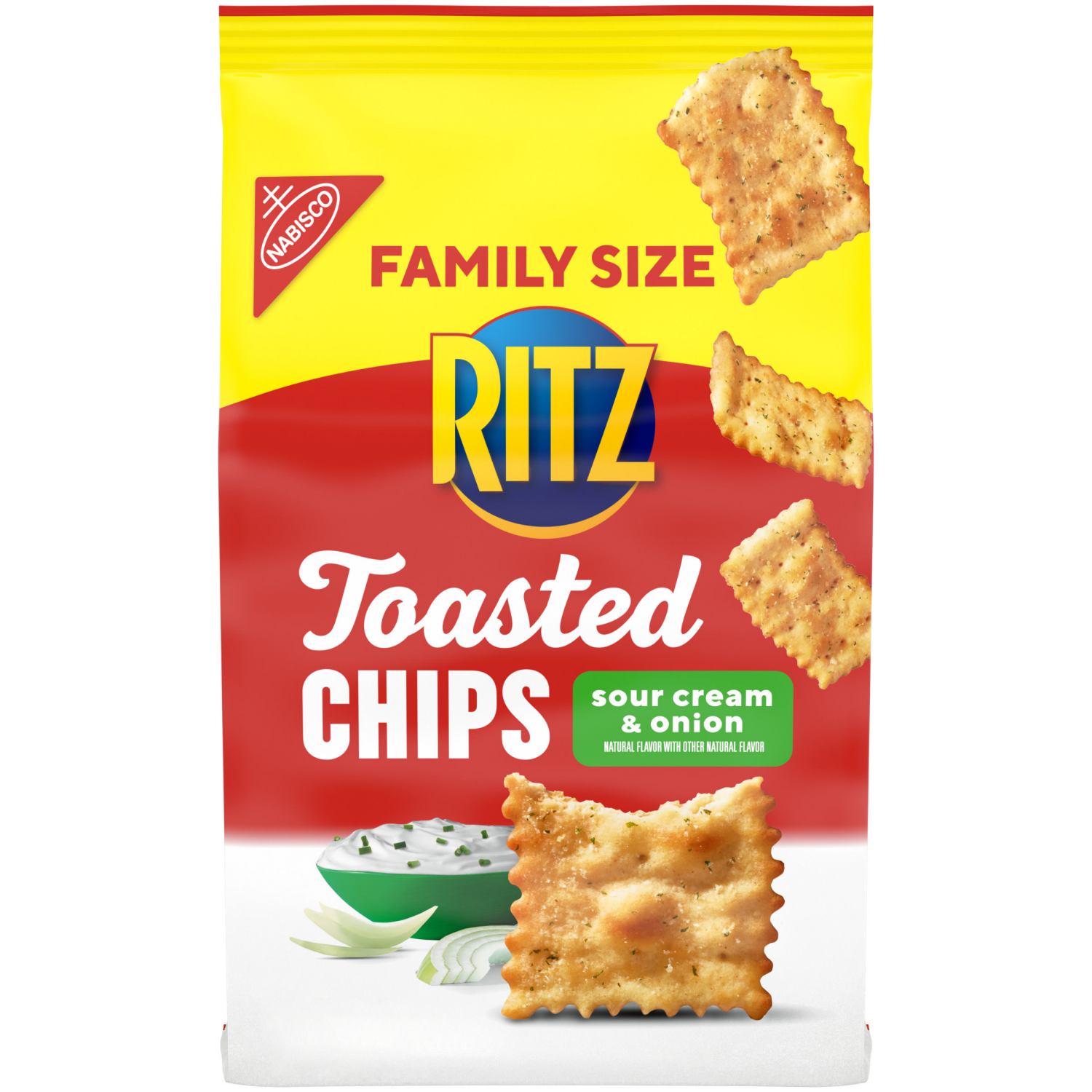 slide 1 of 5, RITZ Toasted Chips Sour Cream and Onion Crackers, Party Snacks, Family Size, 11.4 oz, 11.4 oz
